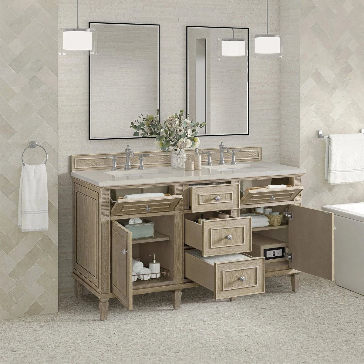 Lorelai 60" Double Vanity, Whitewashed Oak, w/ 3 CM Siberian Silestone Top