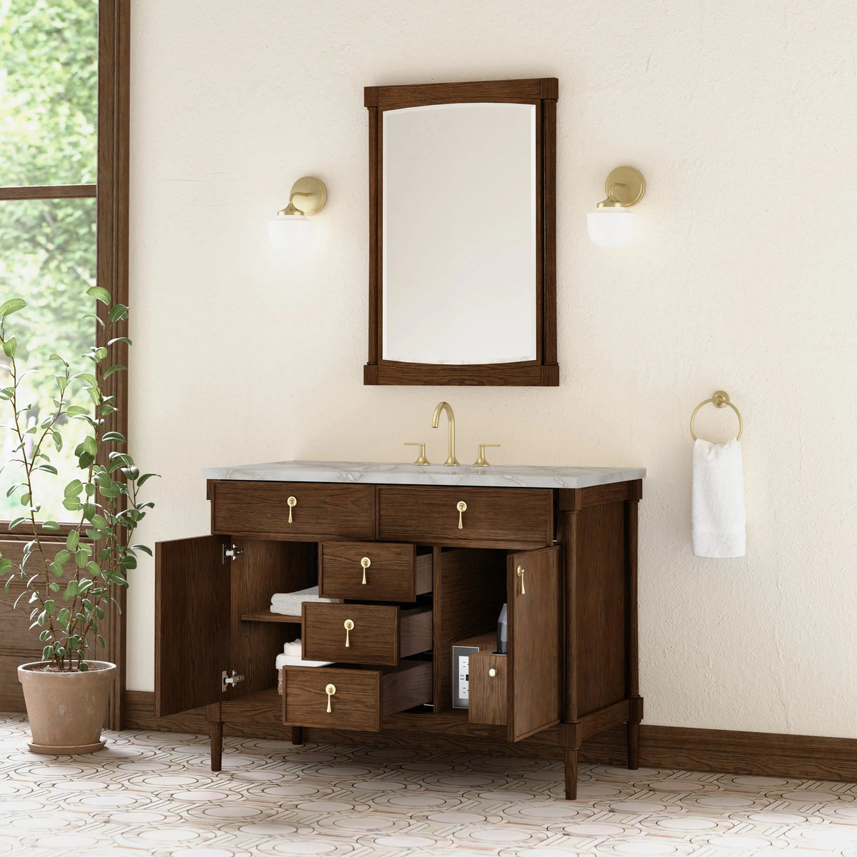 Kinnsden 48" Single Vanity, Sable Oak w/ 3 CM Victorian Silver Silestone Top w/FreePower Wireless Charger