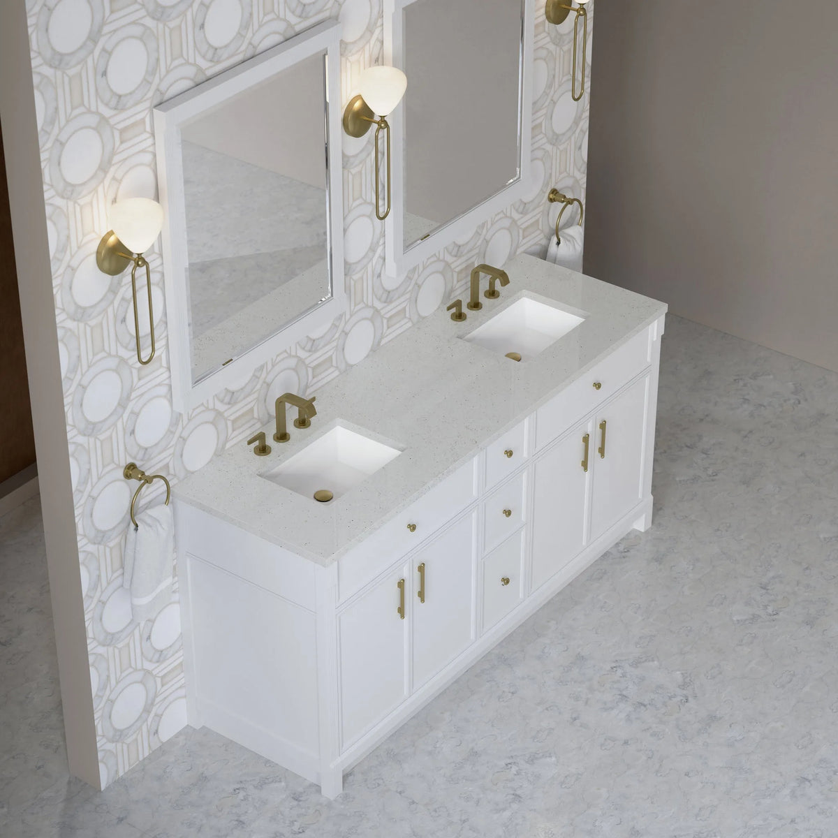 Bellshire 72" Double Vanity, Bright White w/ 3 CM Lime Delight Silestone Top
