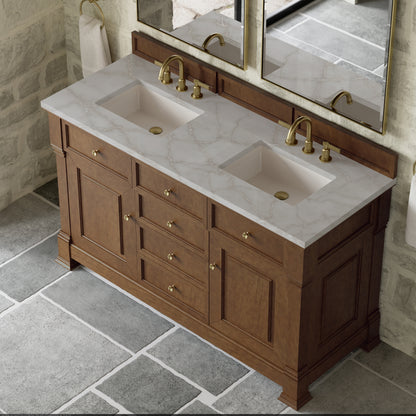 Renovate for Less Atlanta Brookfield 60" Double Vanity, Honey Oak w/ 3 CM Victorian Silver Silestone Top w/FreePower Wireless Charger