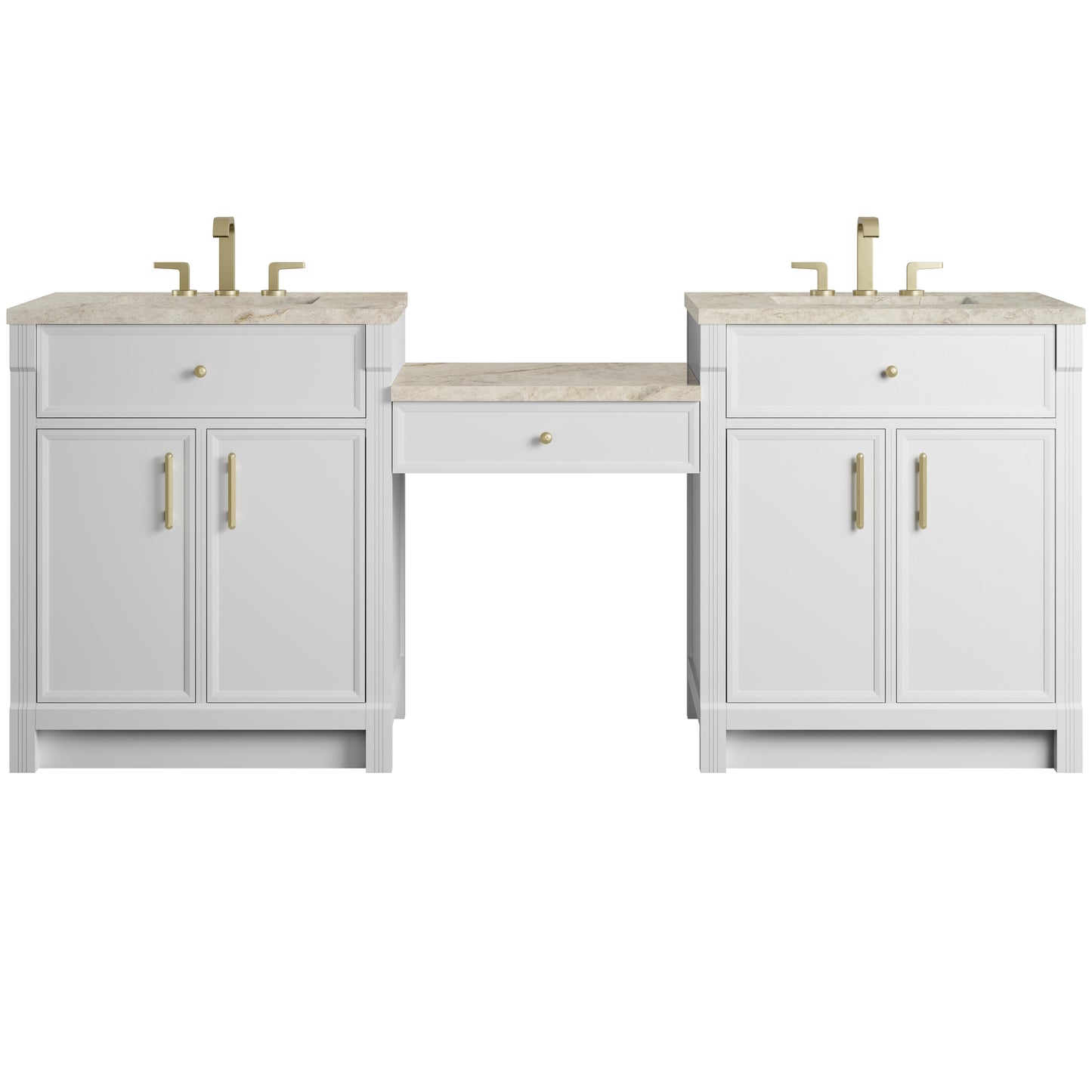 Renovate for Less Atlanta Bellshire 84" Dual Vanity Set with 24" Make-Up Counter, Bright White w/3 cm Tajnar Eclos Top