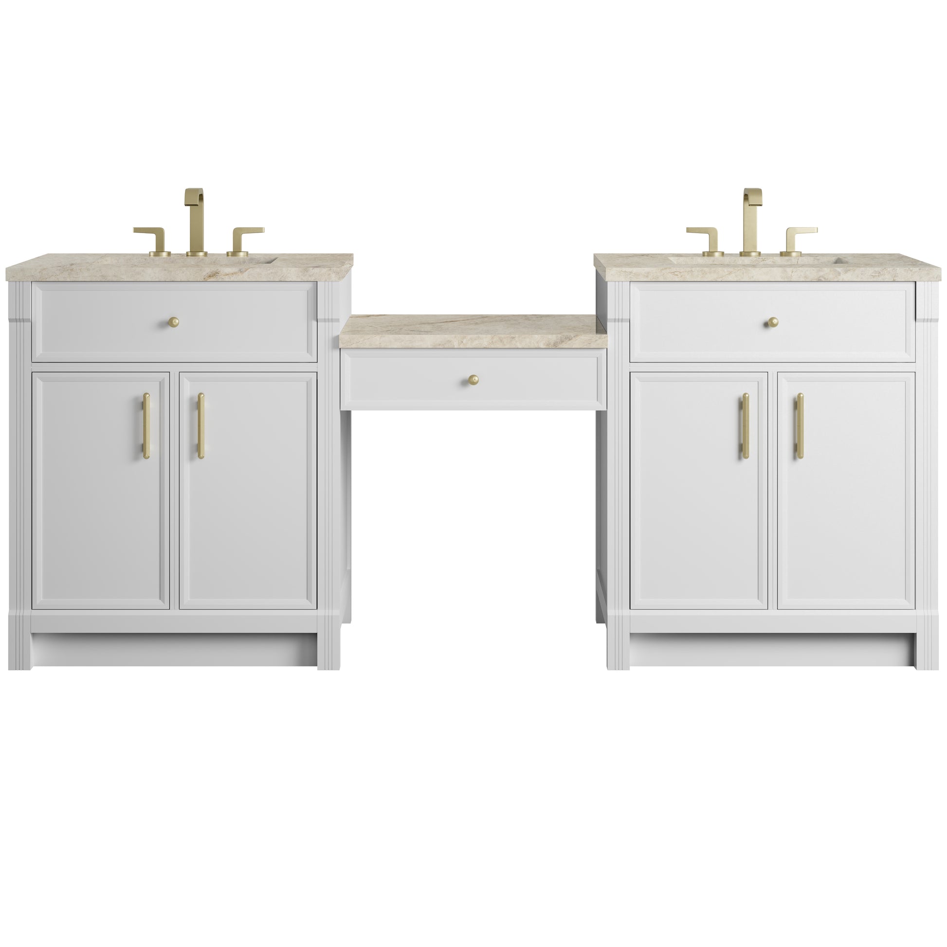 Renovate for Less Atlanta Bellshire 84" Dual Vanity Set with 24" Make-Up Counter, Bright White w/3 cm Tajnar Eclos Top
