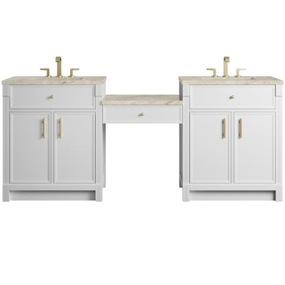 Renovate for Less Atlanta Bellshire 84" Dual Vanity Set with 24" Make-Up Counter, Bright White w/3 cm Tajnar Eclos Top