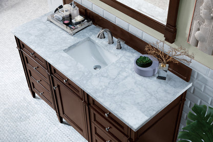 Renovate for Less Atlanta Brittany 60" Single Vanity, Burnished Mahogany w/ 3 CM Carrara Marble Top