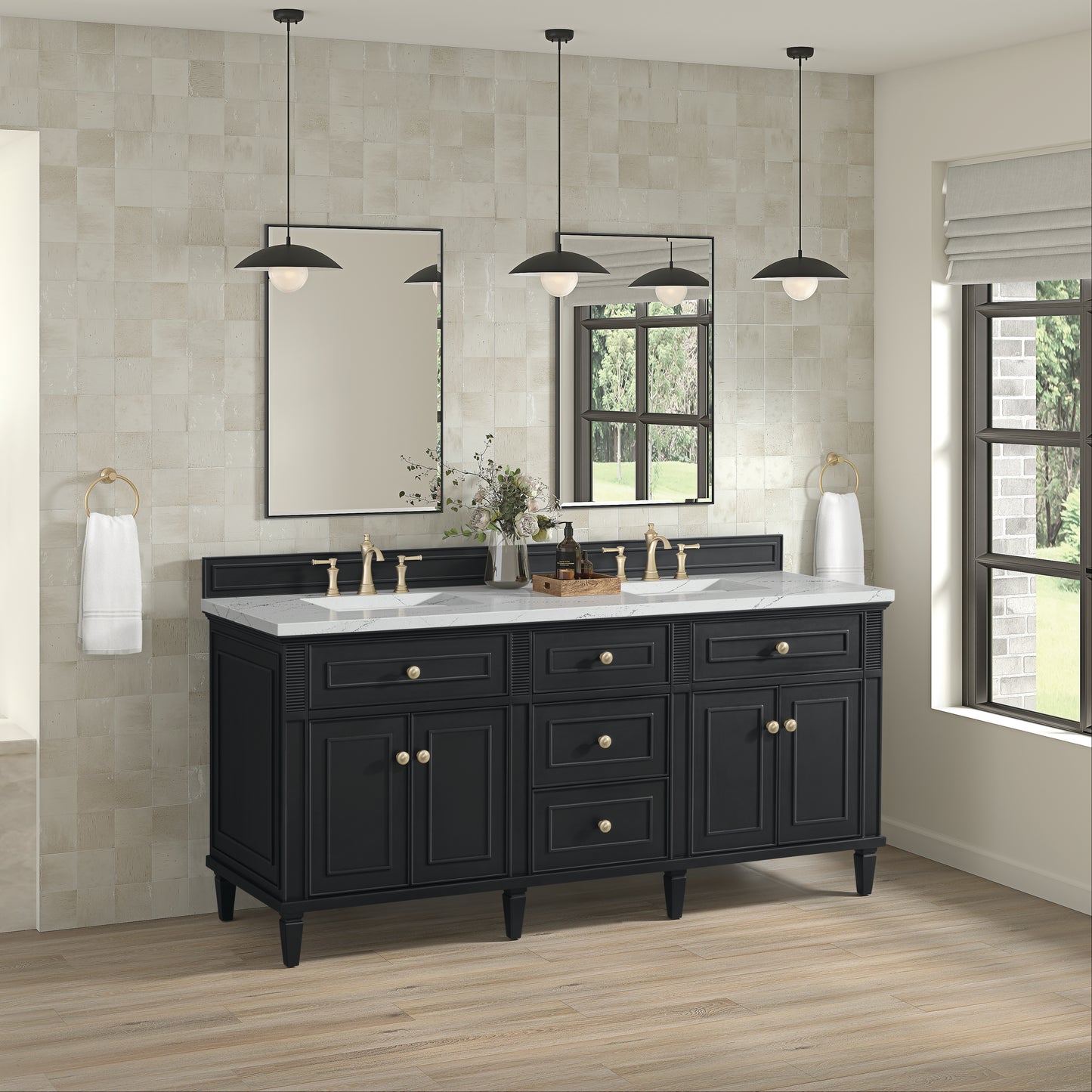 Renovate for Less Atlanta Lorelai 72" Double Vanity, Black Onyx w/ 3 CM Ethereal Noctis Silestone Top
