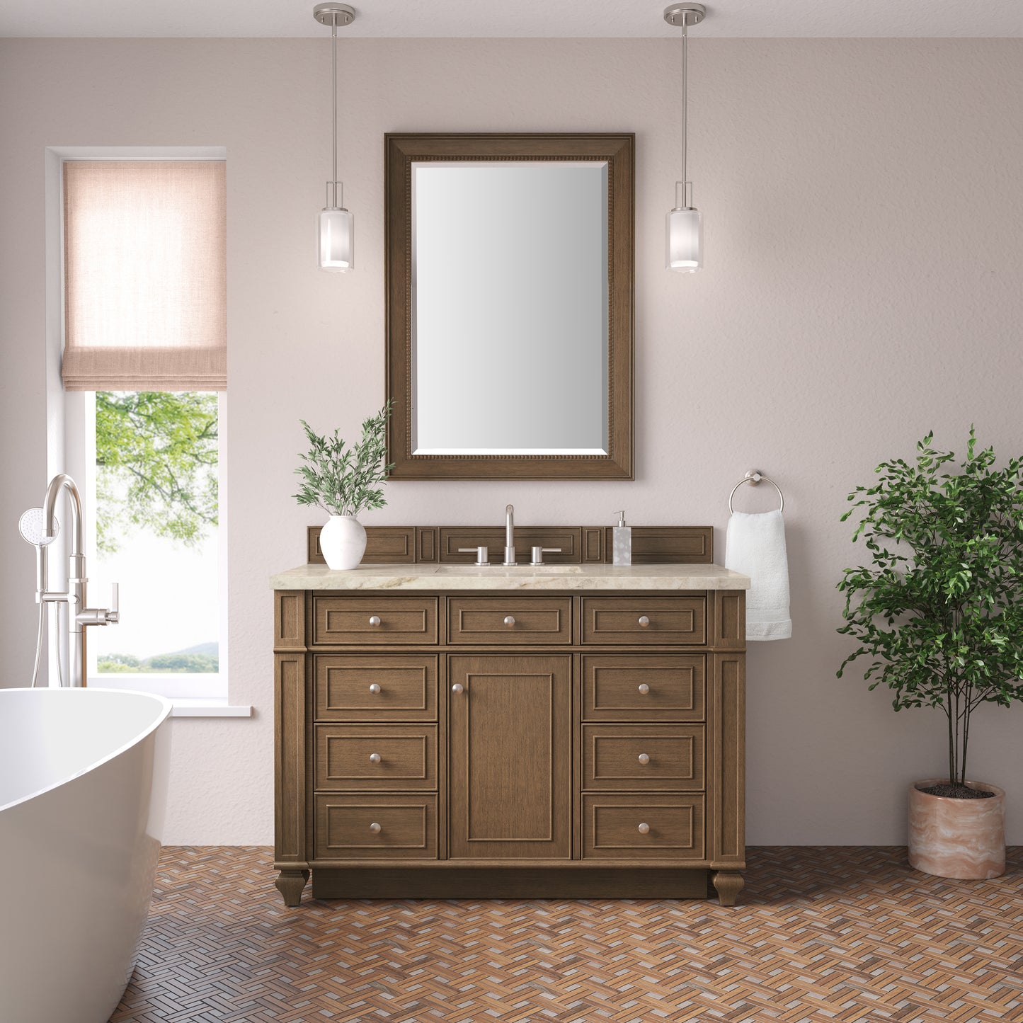 Renovate for Less Atlanta Bristol 48" Single Vanity, Saddle Brown, w/ 3 CM Tajnar Eclos Top