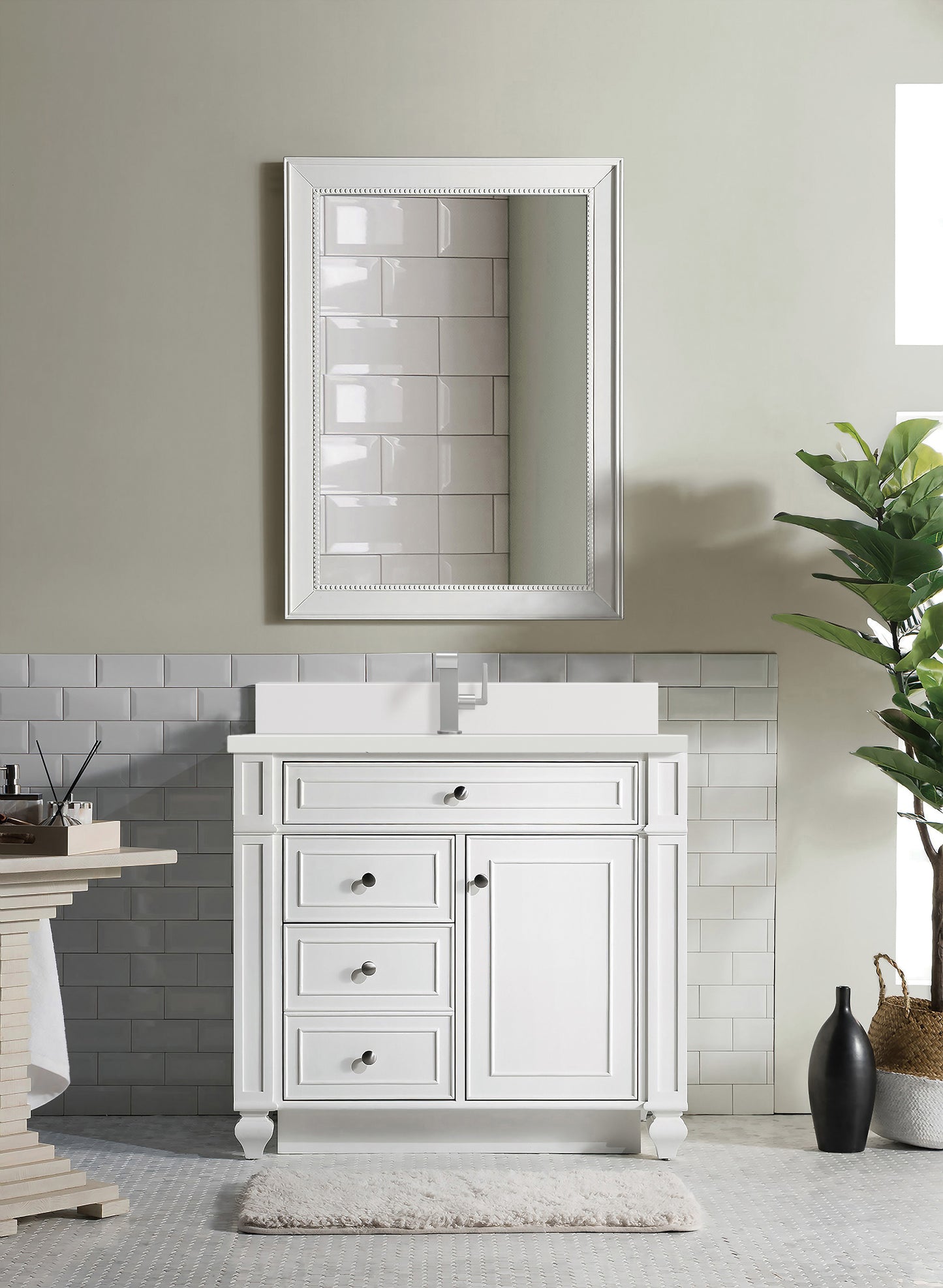 Renovate for Less Atlanta Bristol 36" Single Vanity, Bright White w/ Single Hole 3 CM White Zeus Silestone Top & Backsplash