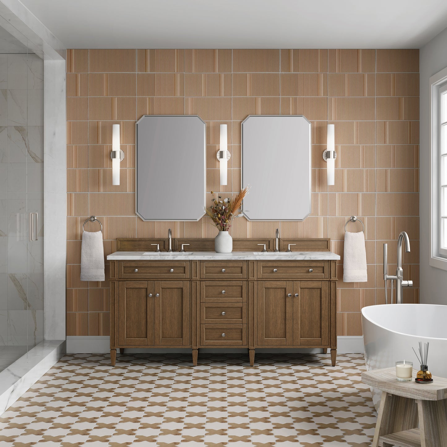 Renovate for Less Atlanta Brittany 72" Double Vanity, Saddle Brown w/ 3 CM Carrara Marble Top
