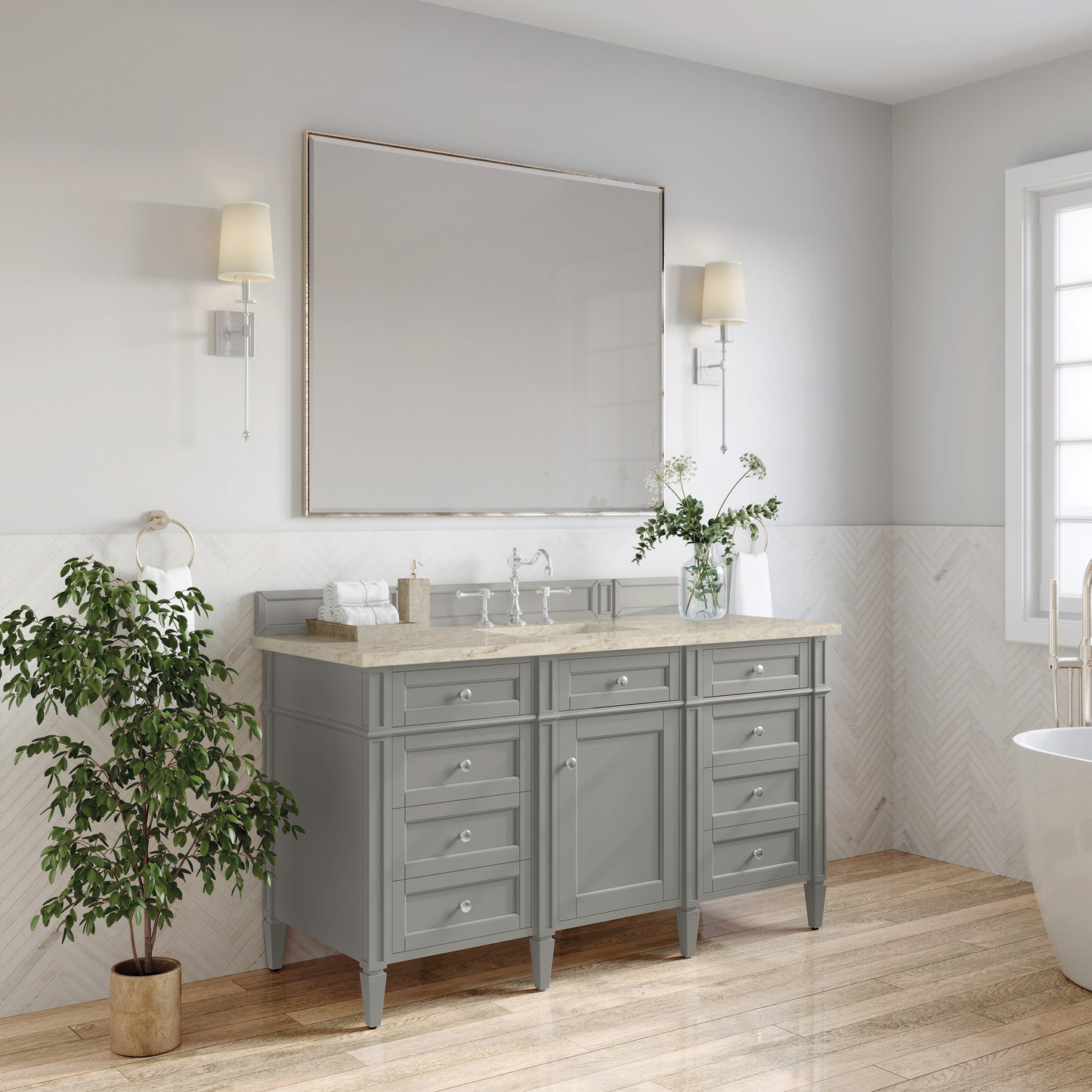 Renovate for Less Atlanta Brittany 60" Single Vanity, Urban Gray, w/ 3 CM Tajnar Eclos Top w/FreePower Wireless Charger