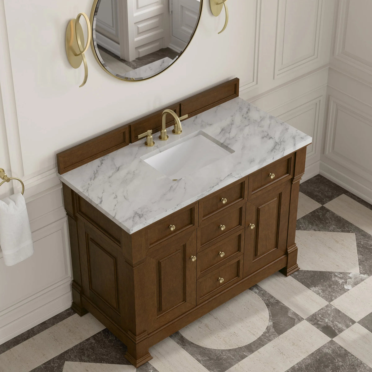 Brookfield 48" Single Vanity, Honey Oak w/3 CM Carrara White Marble Top