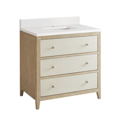 Renovate for Less Atlanta Celeste 36" Single Vanity, Sunwashed Oak with Embossed Shagreen w/ Single Hole 3 CM White Zeus Silestone Top & Backsplash