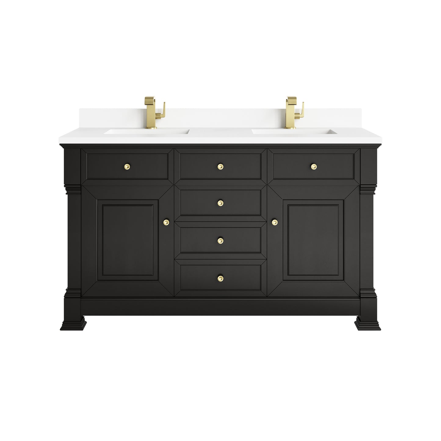 Renovate for Less Atlanta Brookfield 60" Double Vanity, Black Onyx w/ Single Hole 3CM White Zeus Silestone Top & Backsplash