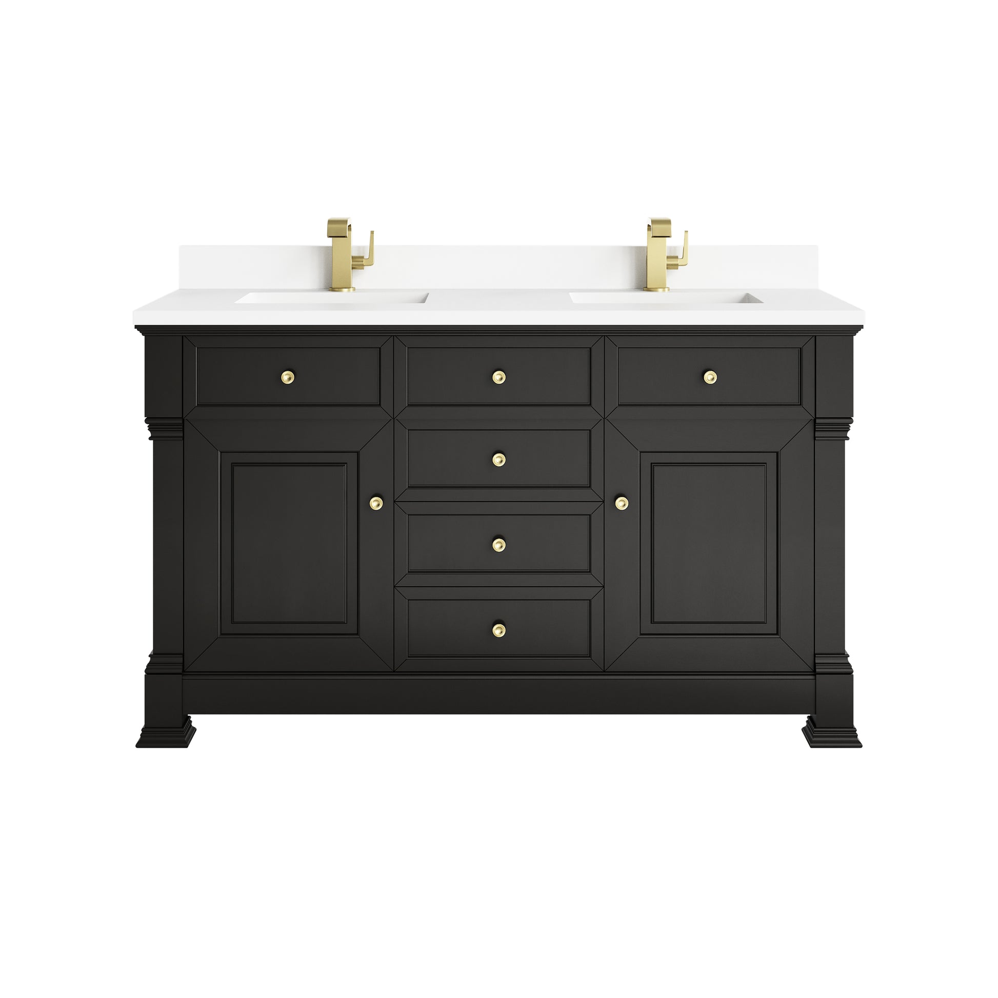 Renovate for Less Atlanta Brookfield 60" Double Vanity, Black Onyx w/ Single Hole 3CM White Zeus Silestone Top & Backsplash