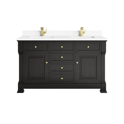 Renovate for Less Atlanta Brookfield 60" Double Vanity, Black Onyx w/ Single Hole 3CM White Zeus Silestone Top & Backsplash