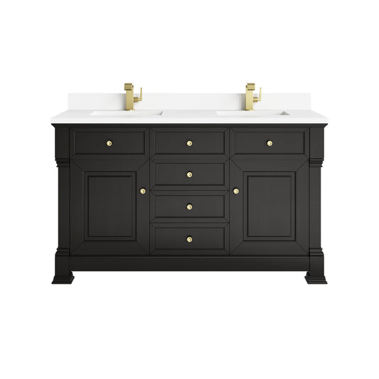 Renovate for Less Atlanta Brookfield 60" Double Vanity, Black Onyx w/ Single Hole 3CM White Zeus Silestone Top & Backsplash