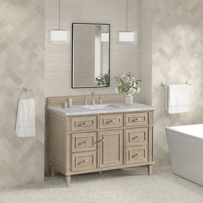 Renovate for Less Atlanta Lorelai 48" Single Vanity, Whitewashed Oak w/ 3 CM Victorian Silver Silestone Top w/FreePower Wireless Charger