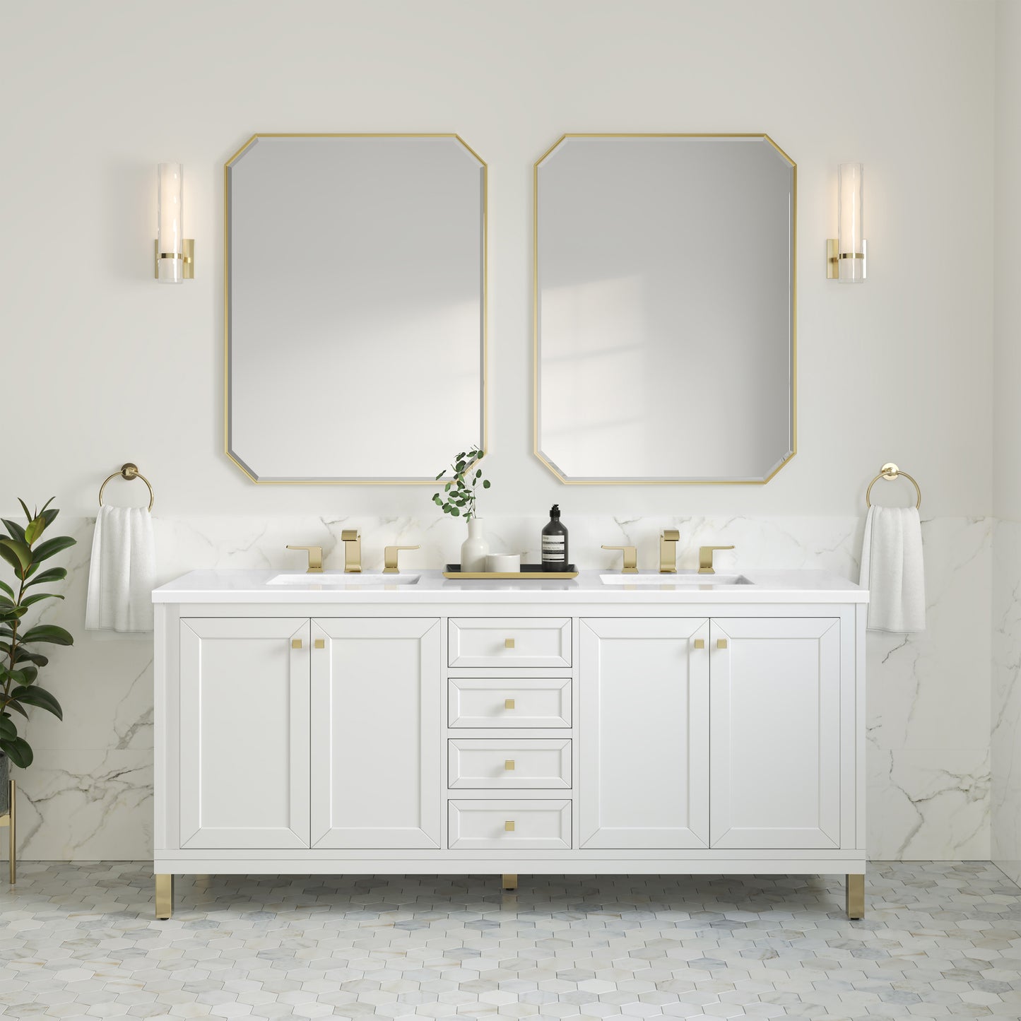 Renovate for Less Atlanta Chicago 72" Double Vanity, Glossy White, w/ 3 CM White Zeus Silestone® Top