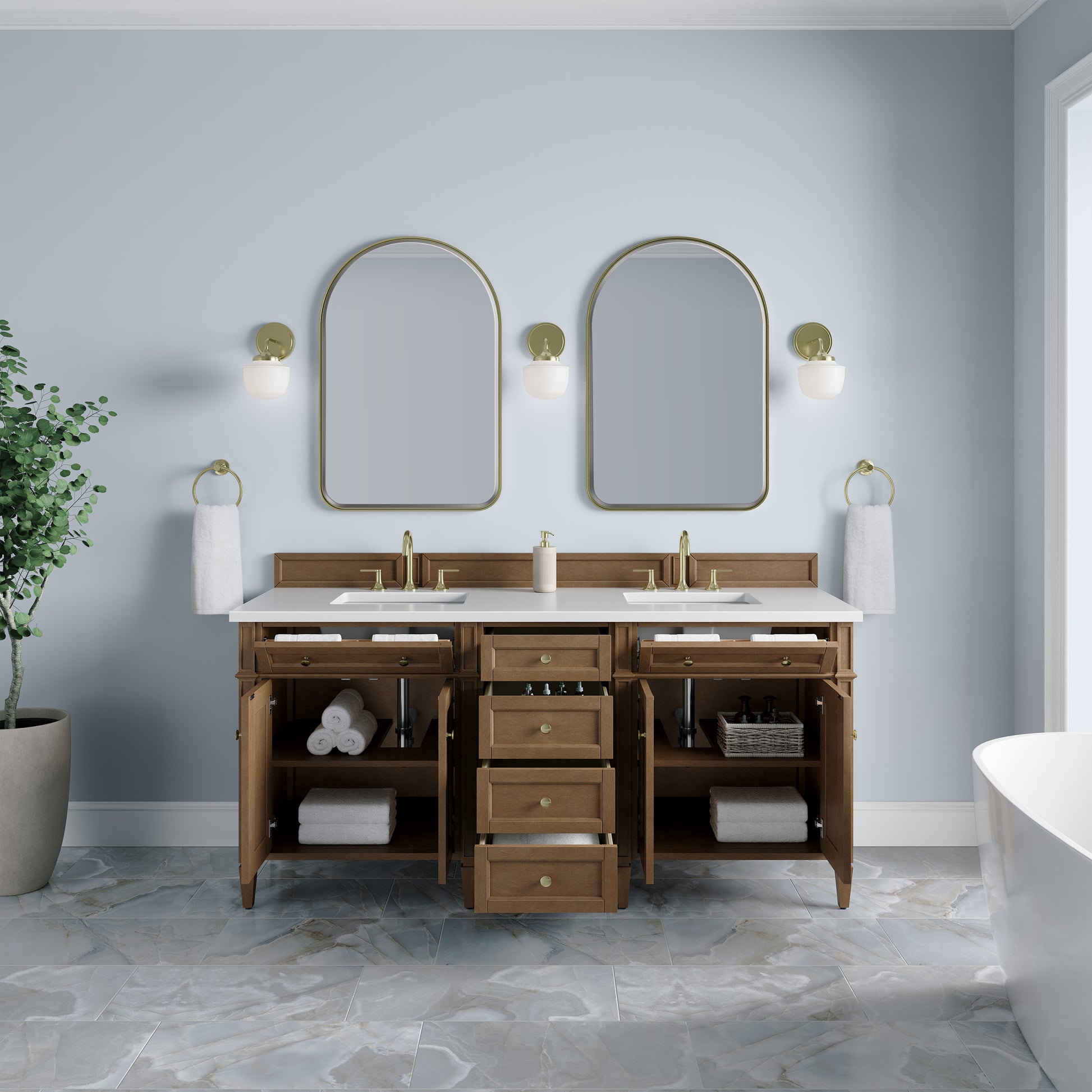 Renovate for Less Atlanta Brittany 72" Double Vanity, Pecan w/ 3 CM White Zeus Silestone Top
