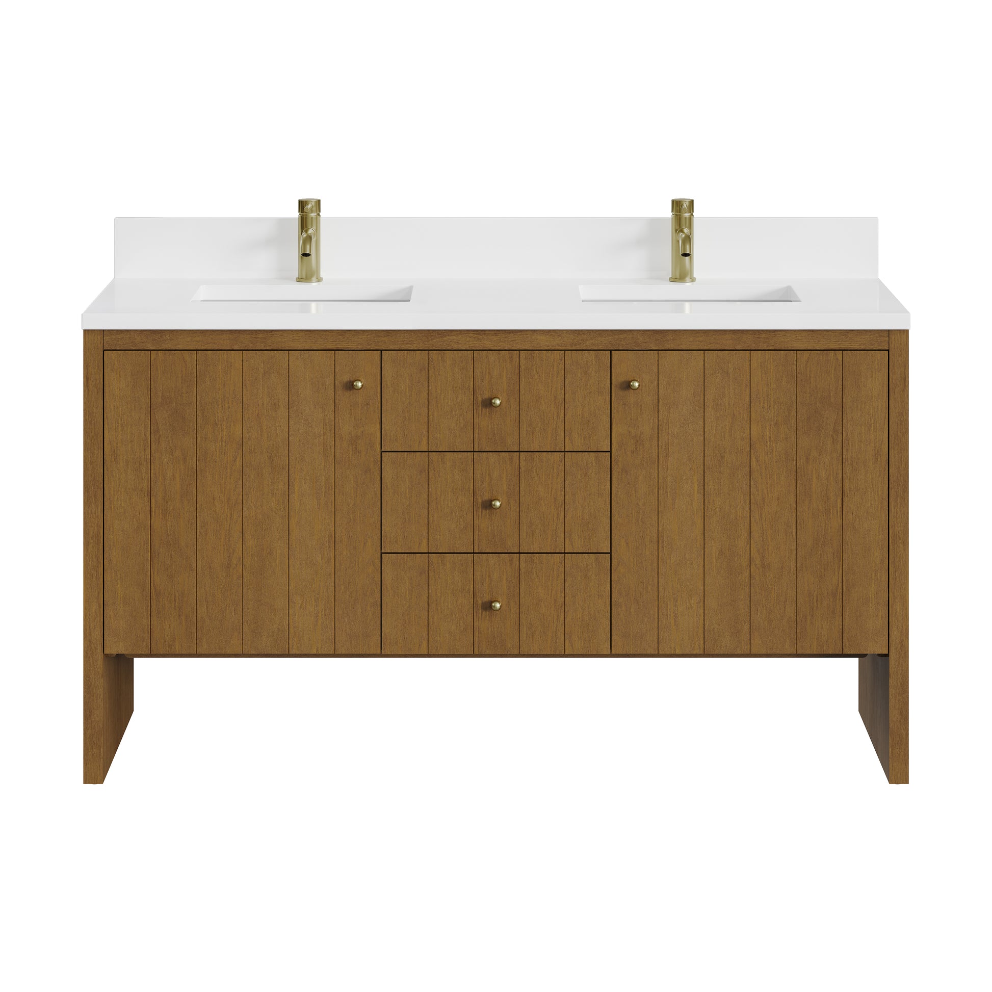 Renovate for Less Atlanta Hudson 60" Double Vanity, Honey Oak w/ Single Hole 3 CM White Zeus Silestone Top and Matching Backsplash