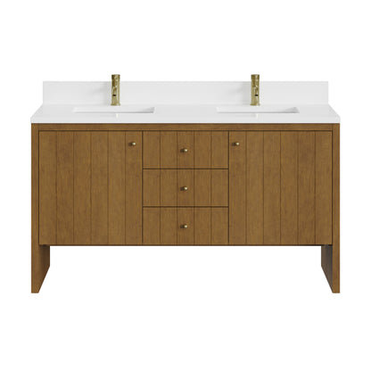 Renovate for Less Atlanta Hudson 60" Double Vanity, Honey Oak w/ Single Hole 3 CM White Zeus Silestone Top and Matching Backsplash