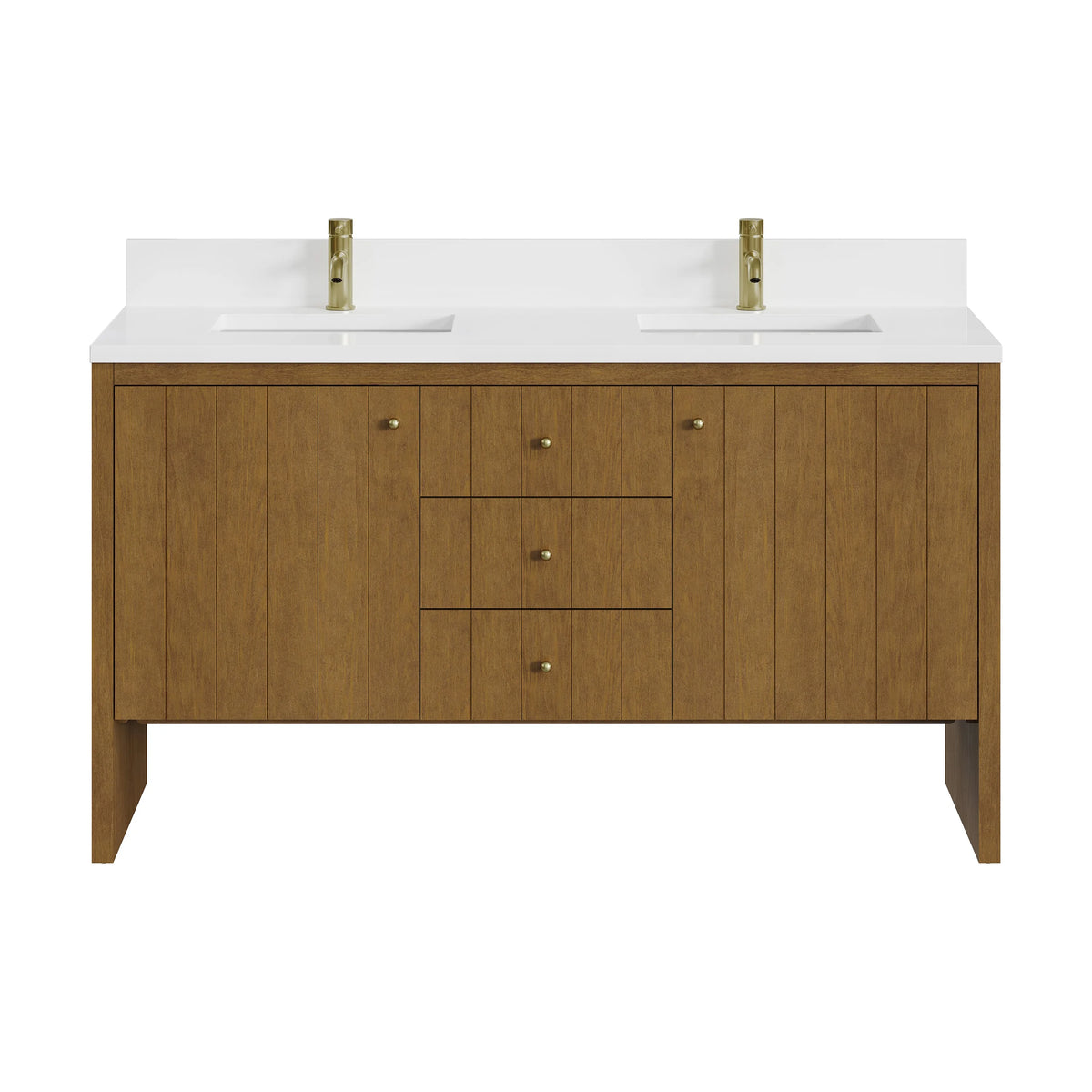 Hudson 60" Double Vanity, Honey Oak w/ Single Hole 3 CM White Zeus Silestone Top and Matching Backsplash