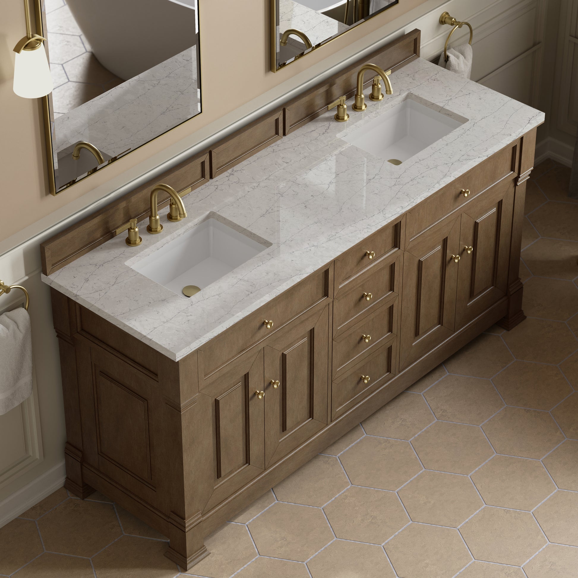 Renovate for Less Atlanta Brookfield 72" Double Vanity, Pecan w/ 3 CM Eternal Jasmine Pearl Silestone Top w/ FreePower Wireless Charger