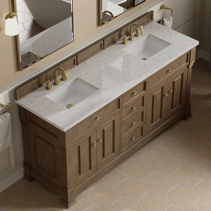 Renovate for Less Atlanta Brookfield 72" Double Vanity, Pecan w/ 3 CM Eternal Jasmine Pearl Silestone Top w/ FreePower Wireless Charger