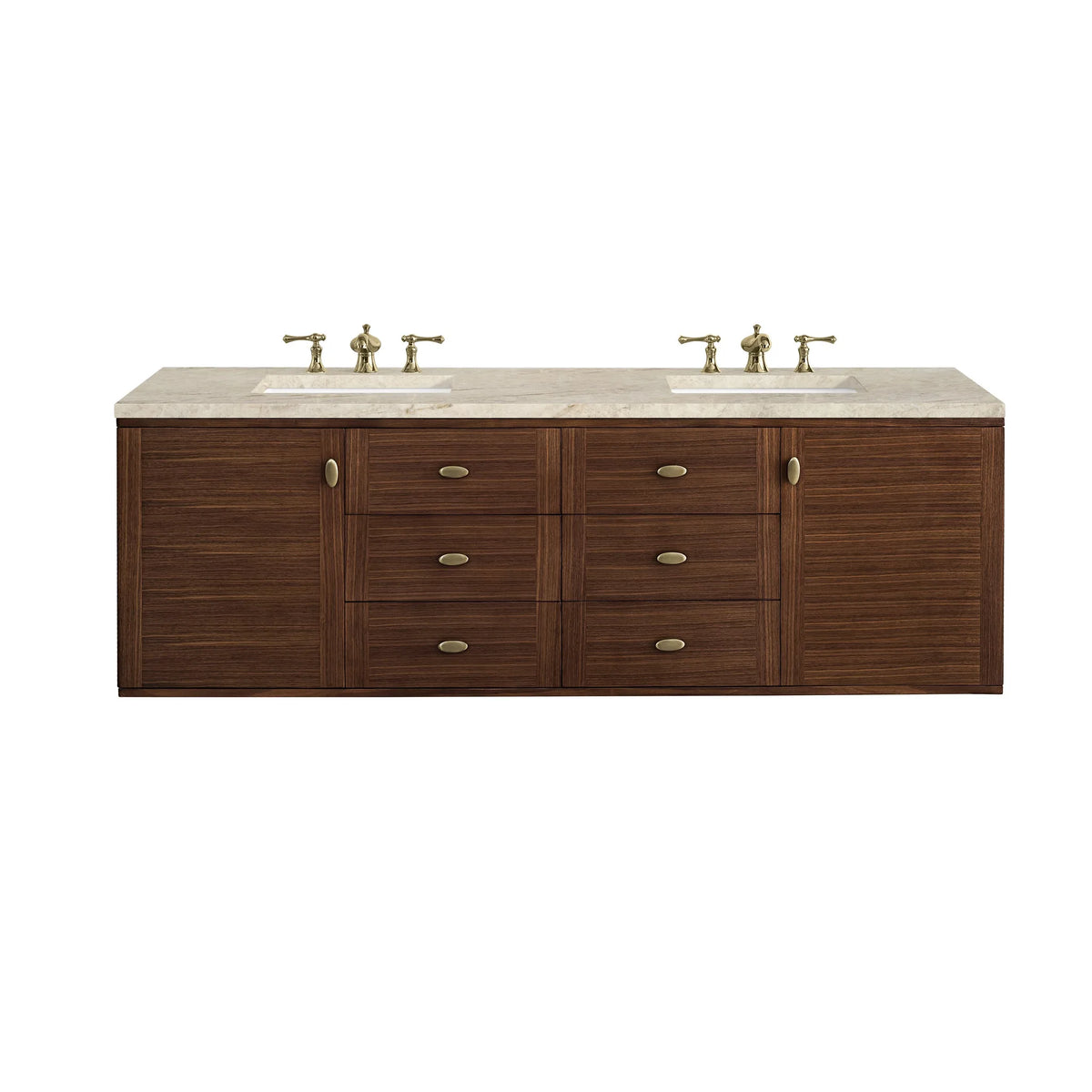 Amberly 72" Double Vanity, Mid-Century Walnut, w/ 3 CM Tajnar Eclos Top w/FreePower Wireless Charger