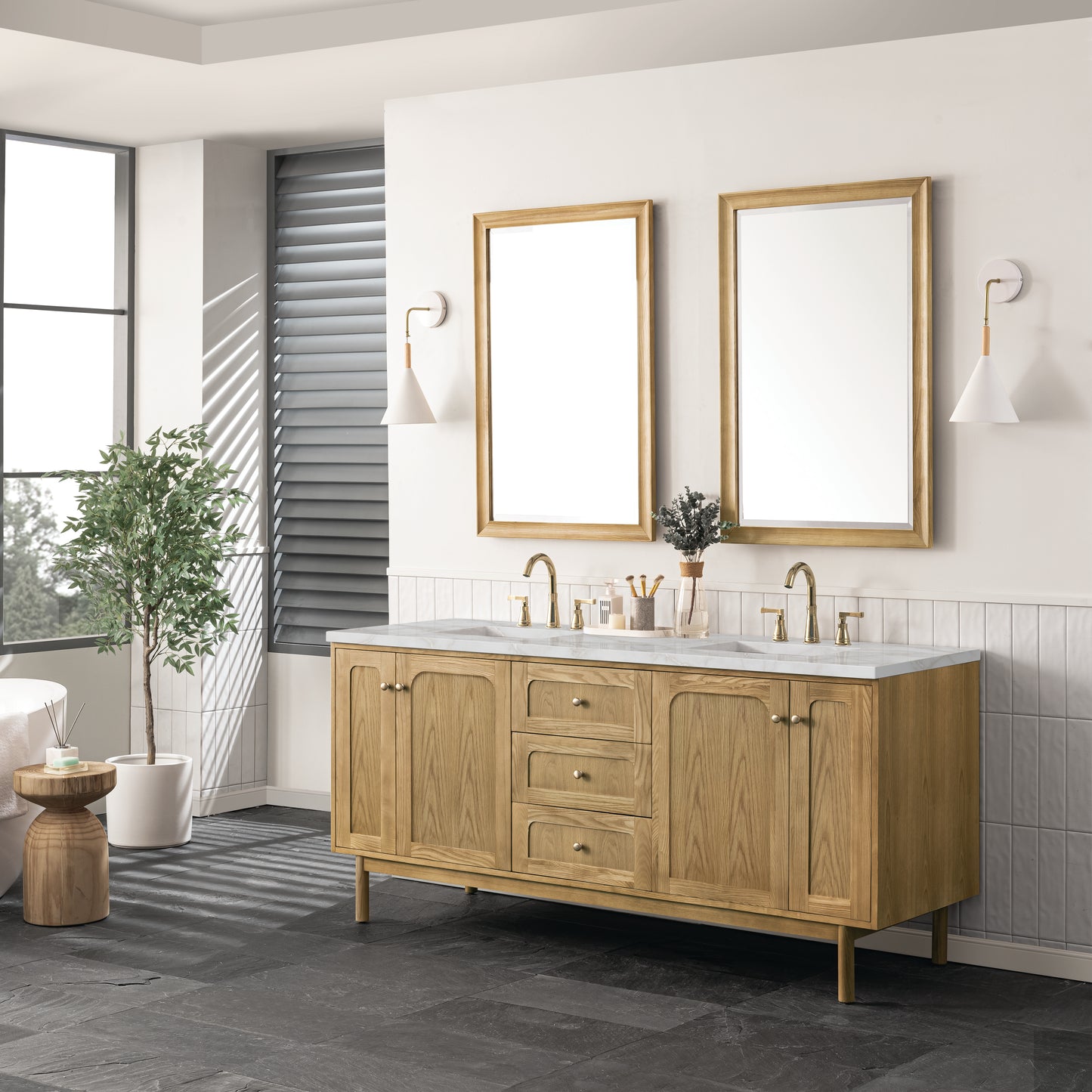 Renovate for Less Atlanta Laurent 72" Double Vanity, Light Natural Oak w/ 3 CM Victorian Silver Top