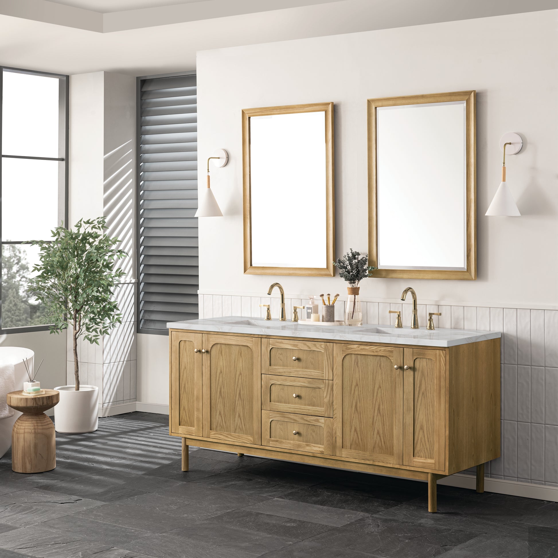 Renovate for Less Atlanta Laurent 72" Double Vanity, Light Natural Oak w/ 3 CM Victorian Silver Top w/FreePower Wireless Charger