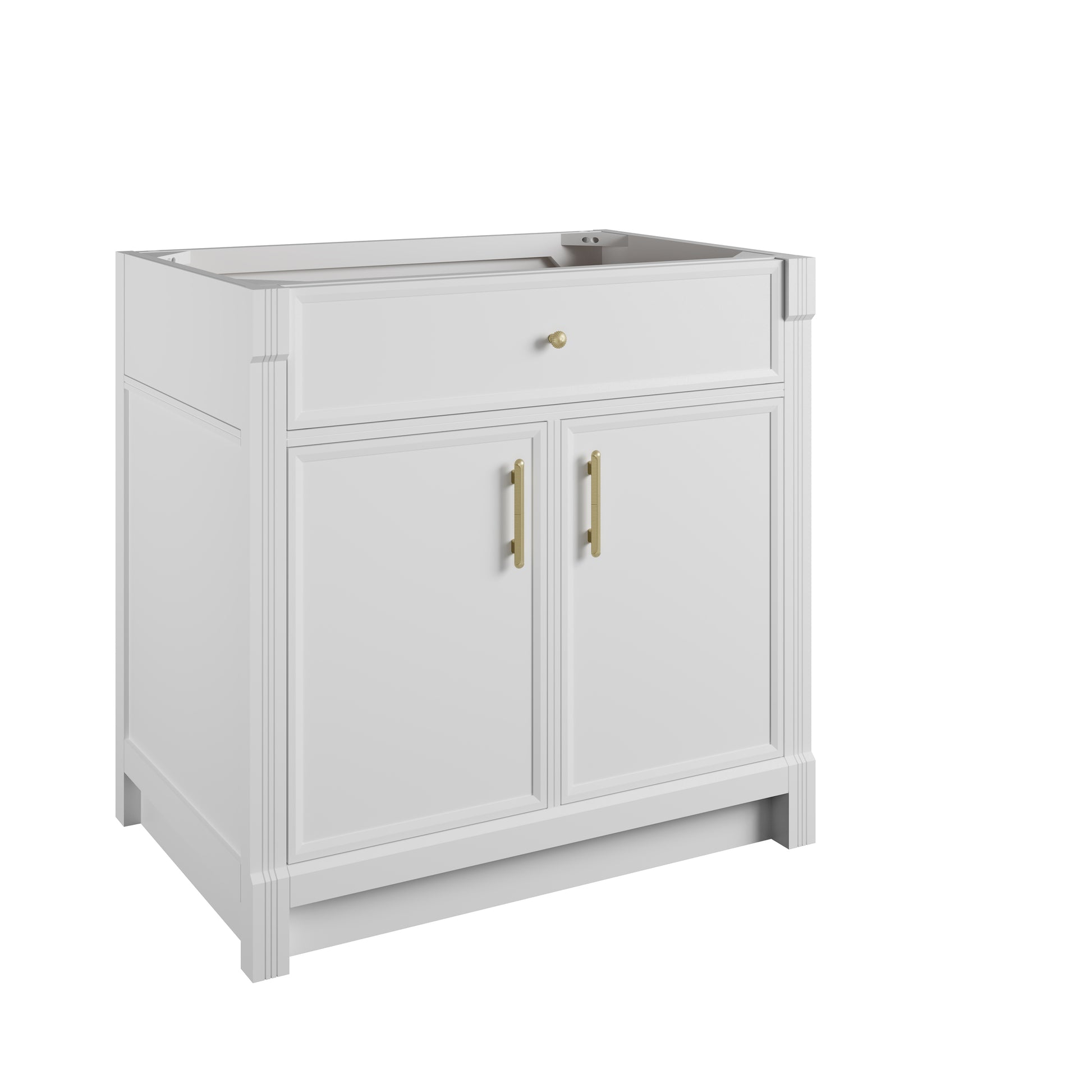 Renovate for Less Atlanta Bellshire 36" Single Vanity, Bright White w/ 3 CM Eternal Jasmine Pearl Silestone Top