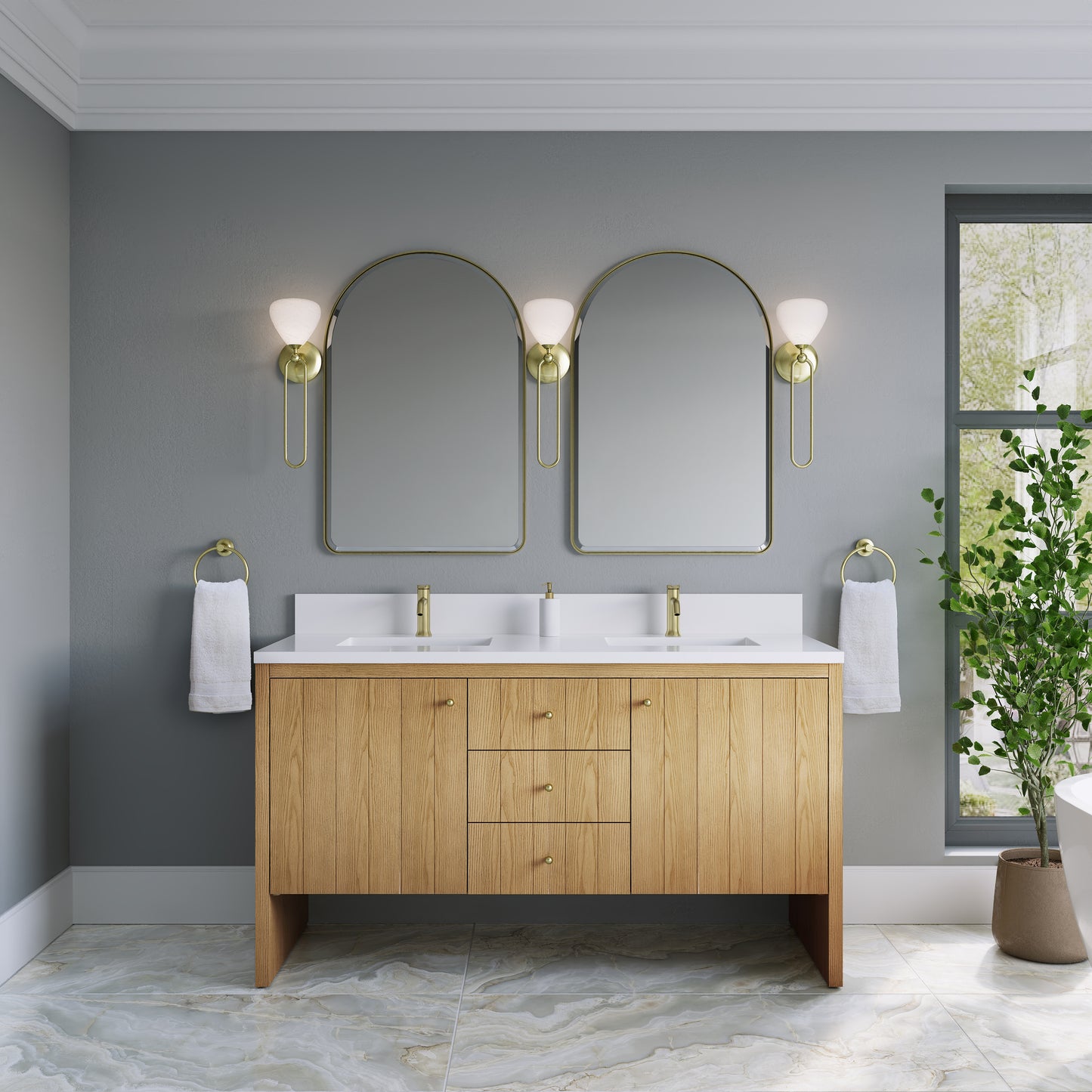 Renovate for Less Atlanta Hudson 60" Double Vanity, Light Natural Oak w/ Single Hole 3 CM White Zeus Top & Backsplash