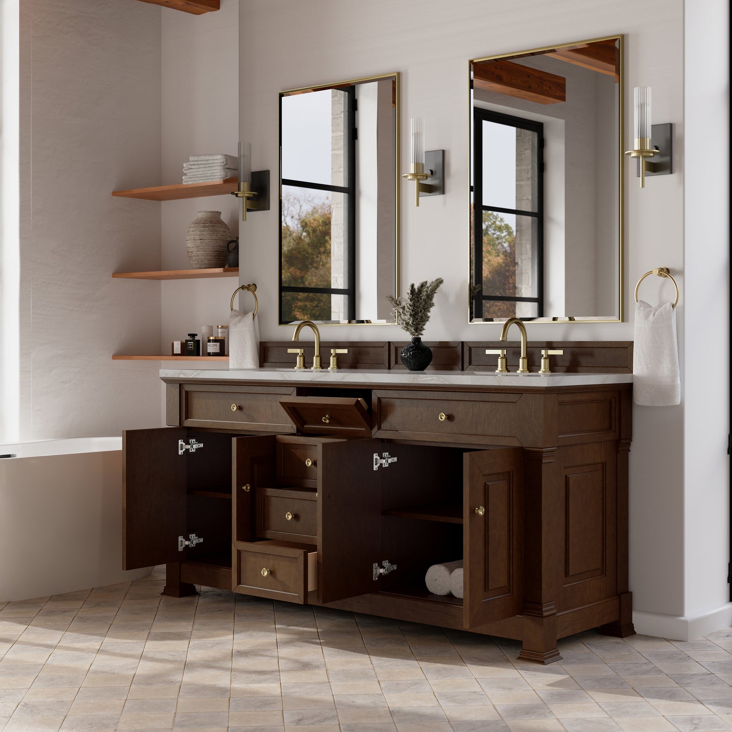 Renovate for Less Atlanta Brookfield 72" Double Vanity, Honey Oak w/ 3 CM Victorian Silver Silestone Top w/ FreePower Wireless Charger