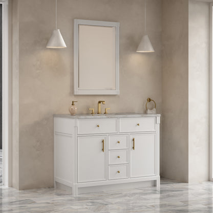 Renovate for Less Atlanta Bellshire 48" Single Vanity, Bright White w/ 3 CM Victorian Silver Silestone Top w/FreePower Wireless Charger
