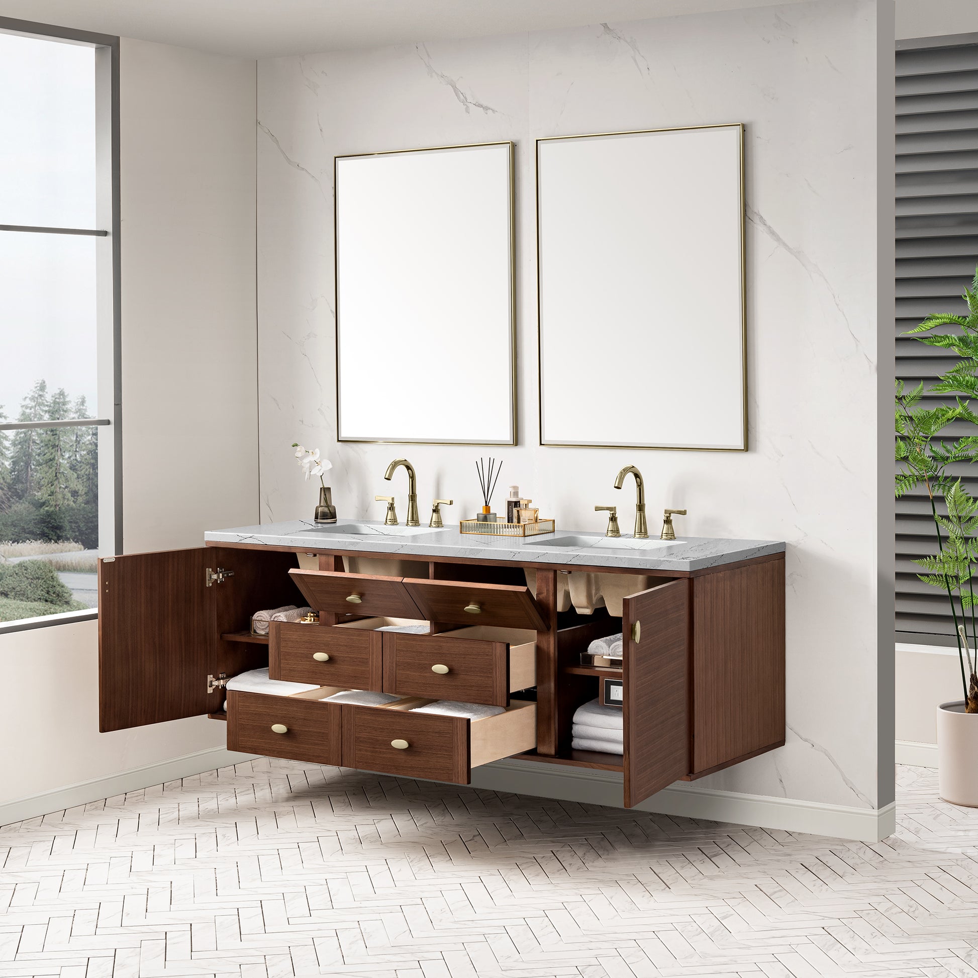 Renovate for Less Atlanta Amberly 72" Double Vanity, Mid-Century Walnut w/ 3 CM Ethereal Noctis Top