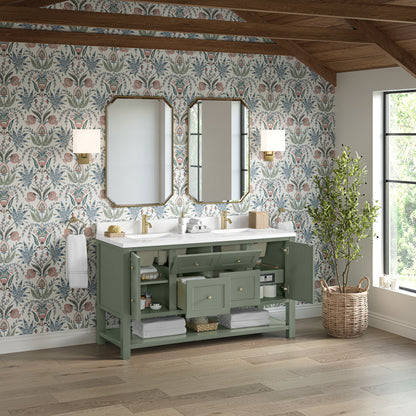 Renovate for Less Atlanta Breckenridge 60" Double Vanity, Smokey Celadon, w/ Single Hole 3 CM White Zeus Quartz Top & Backsplash