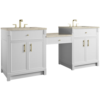 Renovate for Less Atlanta Bellshire 84" Dual Vanity Set with 24" Make-Up Counter, Bright White w/3 cm Tajnar Eclos Top