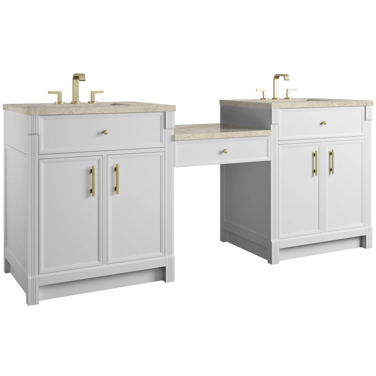 Bellshire 84" Dual Vanity Set with 24" Make-Up Counter, Bright White w/3 cm Tajnar Eclos Top