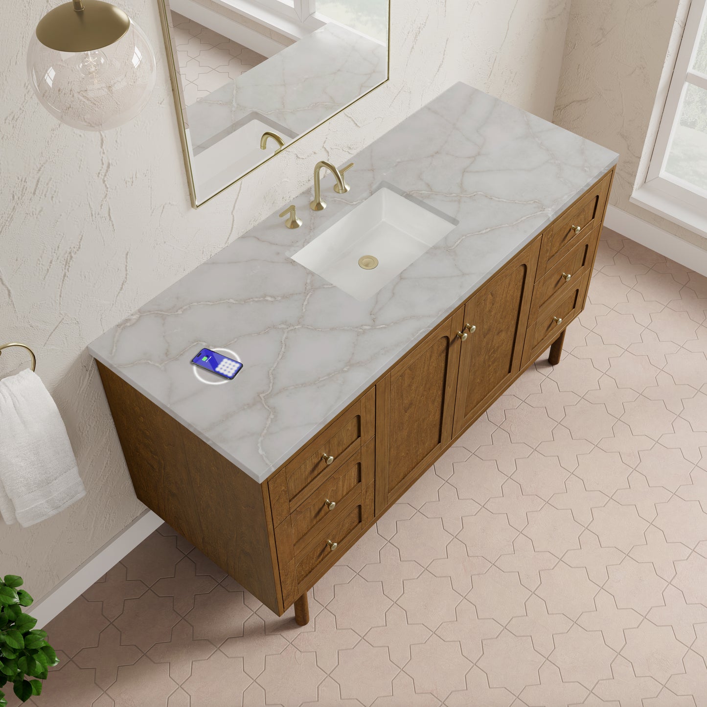 Renovate for Less Atlanta Laurent 60" Single Vanity, Honey Oak w/ 3 CM Victorian Silver Silestone Top w/FreePower Wireless Charger