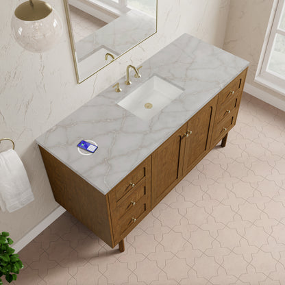 Renovate for Less Atlanta Laurent 60" Single Vanity, Honey Oak w/ 3 CM Victorian Silver Silestone Top w/FreePower Wireless Charger