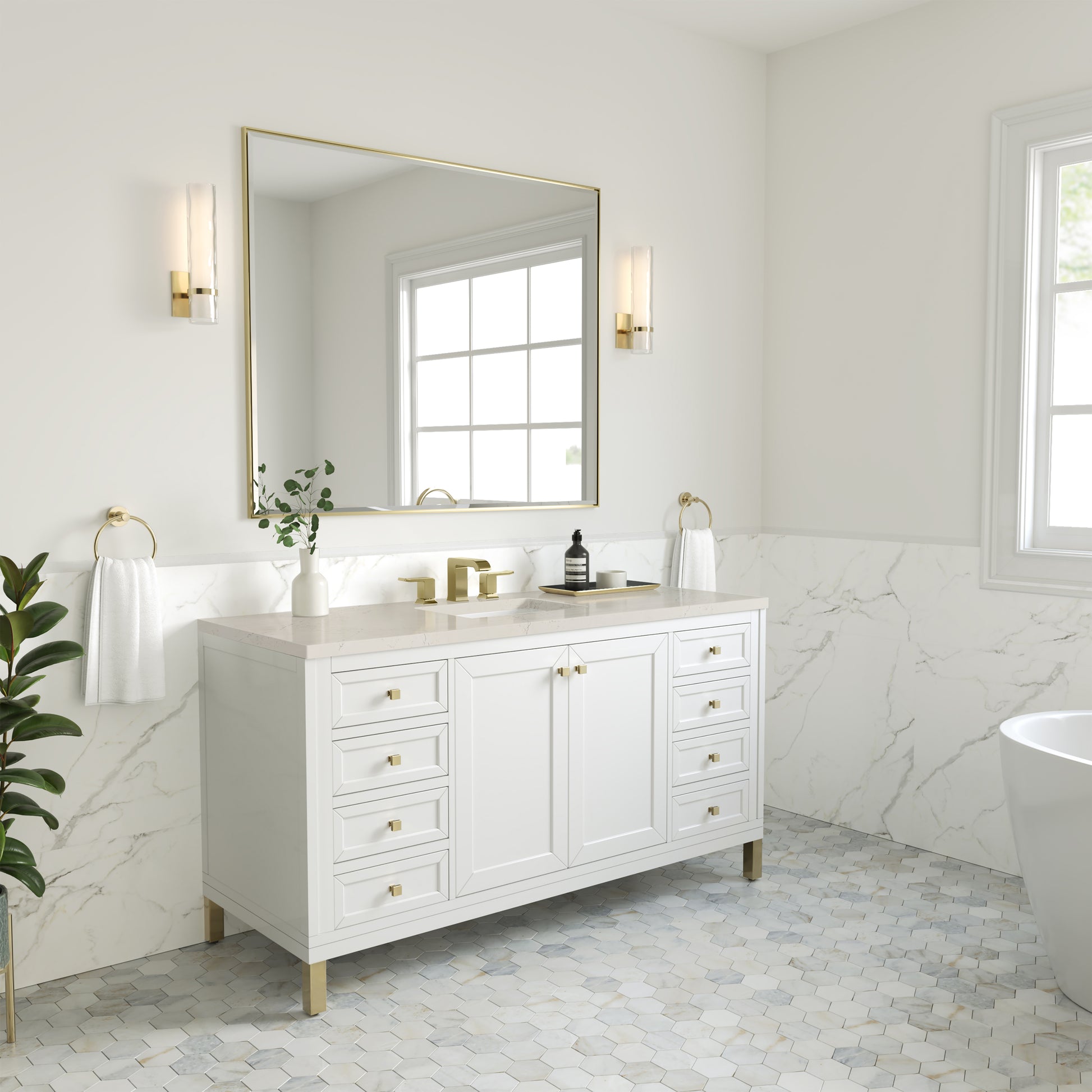 Renovate for Less Atlanta Chicago 60" Single Vanity, Glossy White, w/ 3 CM Siberian Silestone Top w/FreePower Wireless Charger
