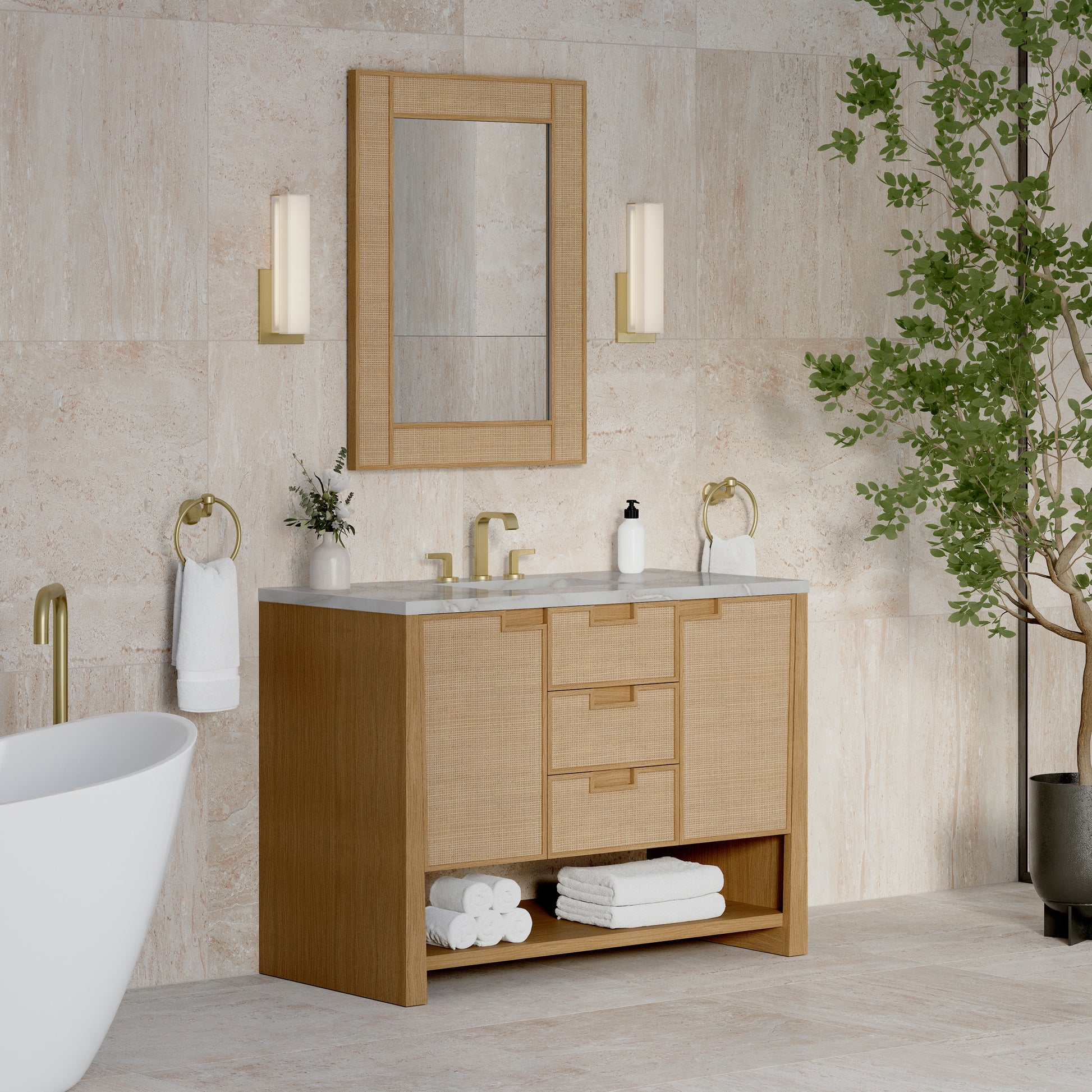 Renovate for Less Atlanta Solene 48" Single Vanity, Seaside Oak, w/ 3 CM Victorian Silver Quartz Top