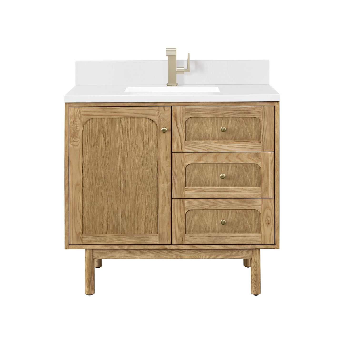 Renovate for Less Atlanta Laurent 36" Single Vanity, Light Natural Oak w/ Single Hole 3 CM White Zeus Top & Backsplash