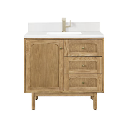 Renovate for Less Atlanta Laurent 36" Single Vanity, Light Natural Oak w/ Single Hole 3 CM White Zeus Top & Backsplash
