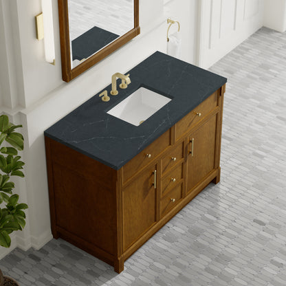 Renovate for Less Atlanta Bellshire 48" Single Vanity, Honey Oak w/ 3 CM Charcoal Soapstone Silestone Top