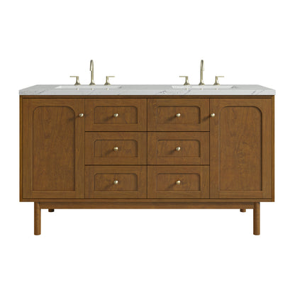 Renovate for Less Atlanta Laurent 60" Double Vanity, Honey Oak w/ 3 CM Ethereal Noctis Silestone Top w/FreePower Wireless Charger