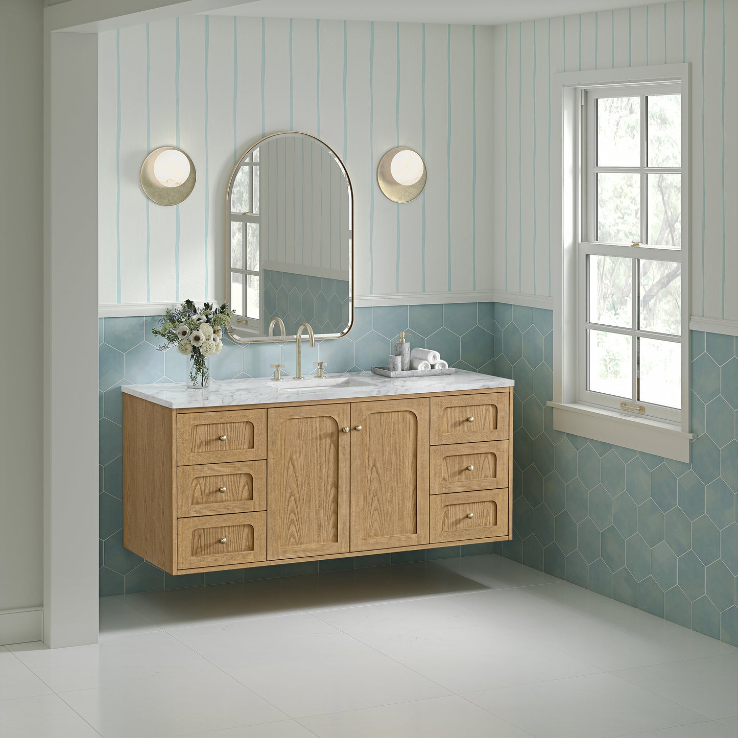 Renovate for Less Atlanta Laurent 60" Single Vanity, Light Natural Oak, w/ 3 CM Carrara Marble Top