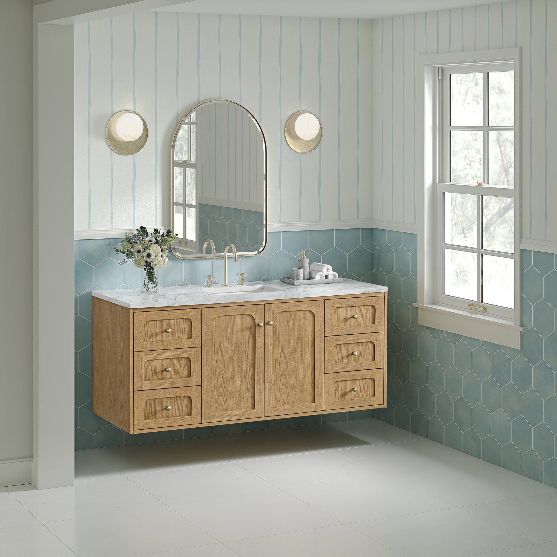 Renovate for Less Atlanta Laurent 60" Single Vanity, Light Natural Oak, w/ 3 CM Carrara Marble Top
