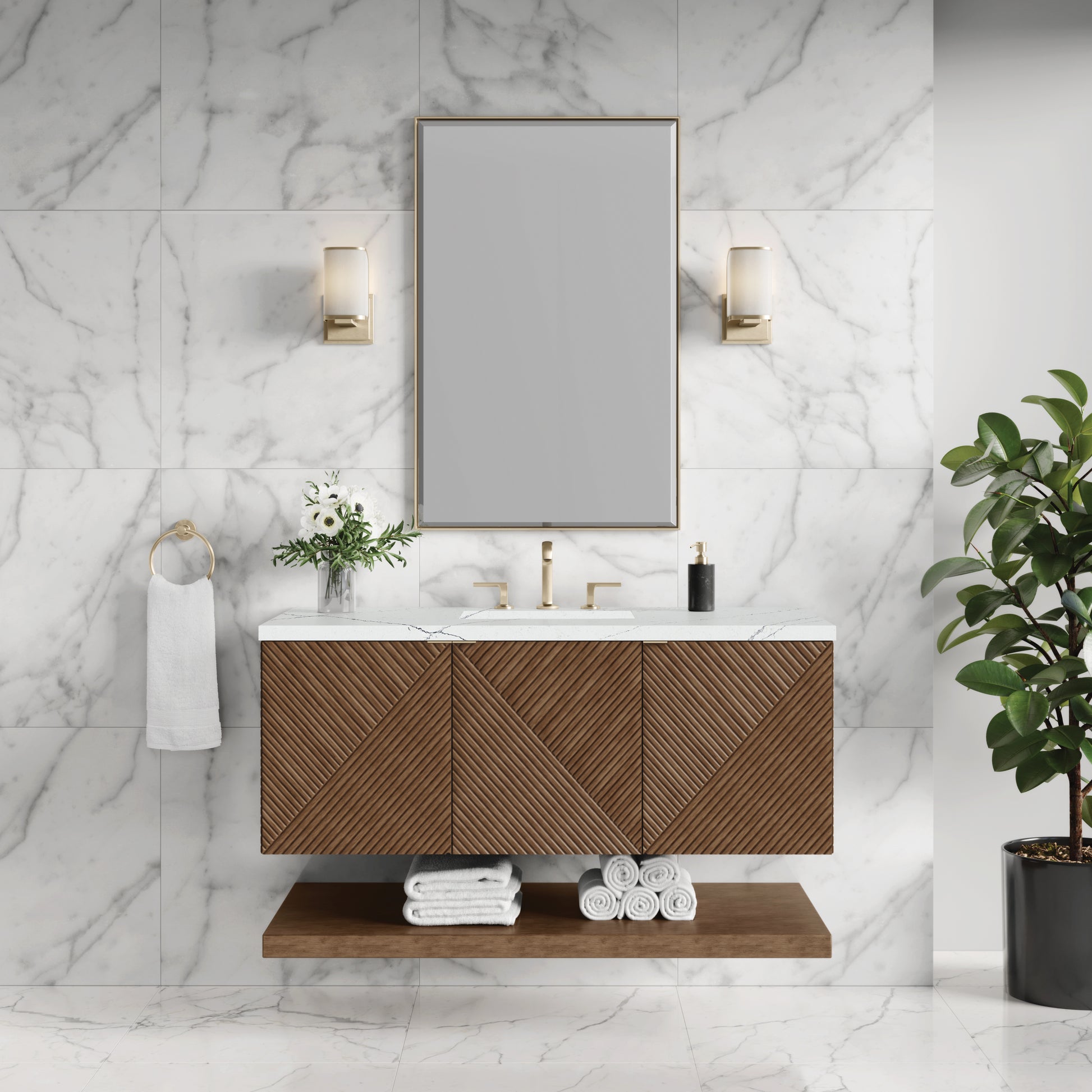 Renovate for Less Atlanta Marcello 48" Single Vanity, Chestnut w/ 3 CM Ethereal Noctis Silestone Top