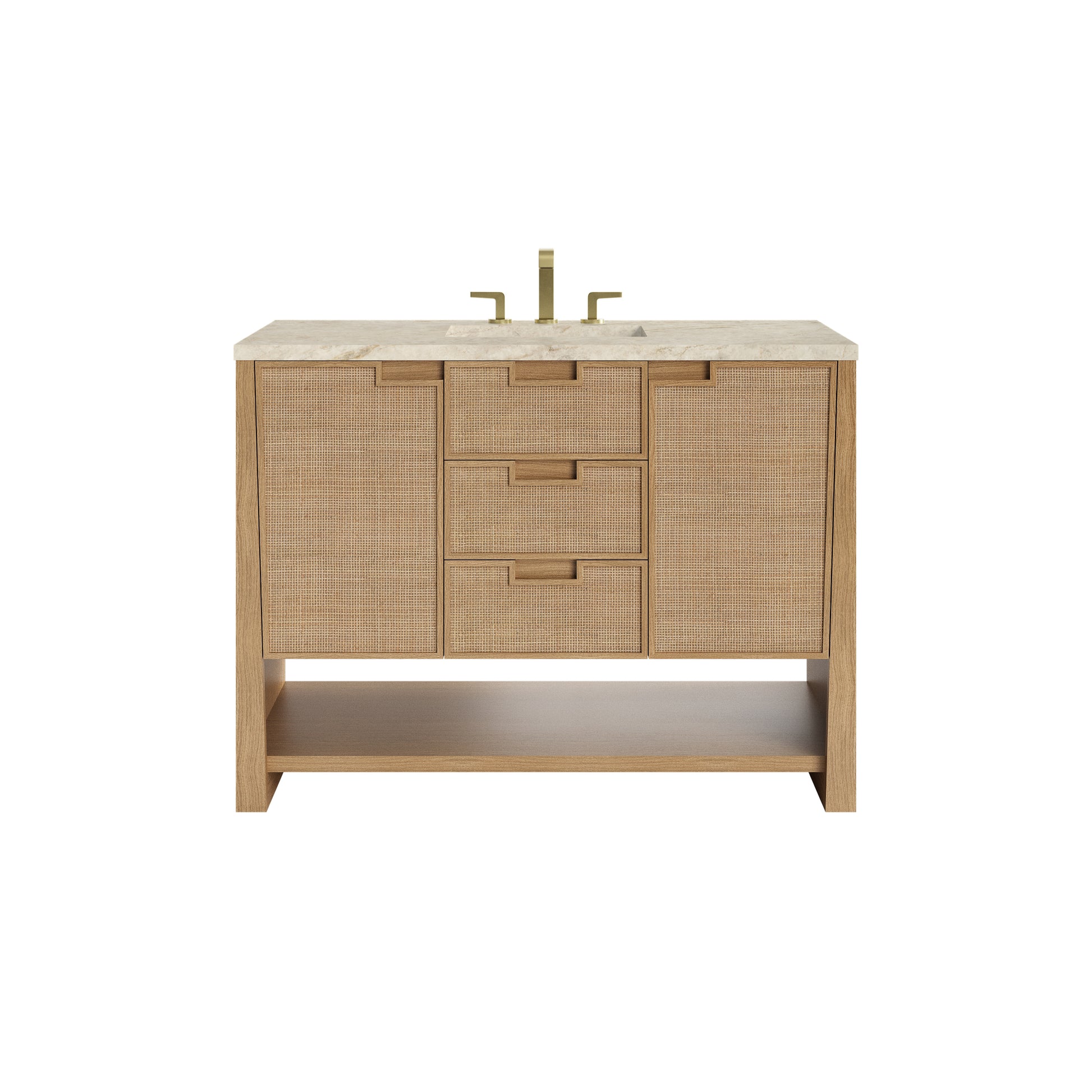 Renovate for Less Atlanta Solene 48" Single Vanity, Seaside Oak, w/ 3 CM Tajnar Eclos Top w/FreePower Wireless Charger